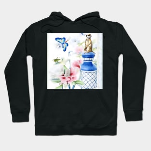 Chinoiserie watercolor with meerkat, flowers and butterflies Hoodie